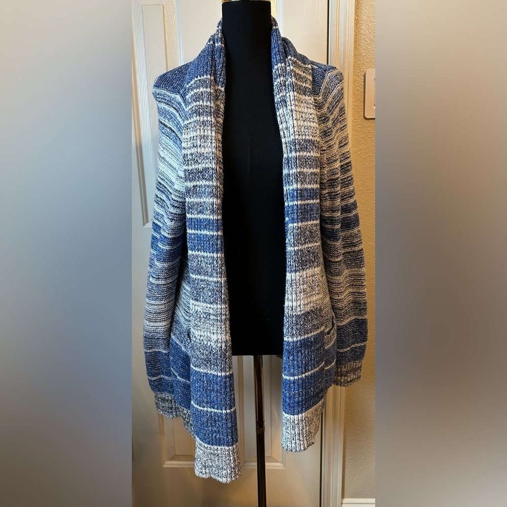 Lucky Brand Blue Open Duster Cardigan Boho Long Pockets Size L Heavyweight Cozy